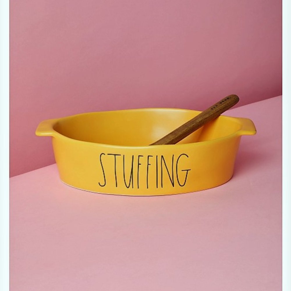 Rae Dunn 2 Piece Ceramic Oval Baking Dish "Stuffing" with Wooden Spoon Set